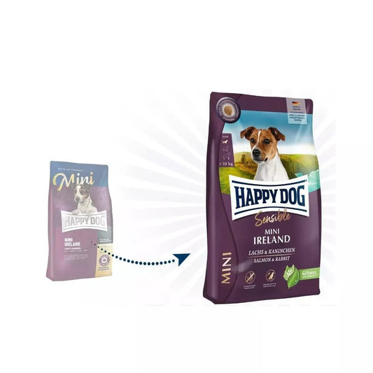 Happy Dog Mini Ireland visavertis pašaras mažų veislių suaugusiems šunims su triušiena ir lašiša, 10 kg