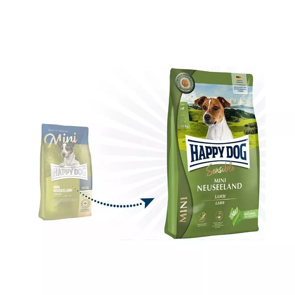 Happy Dog Mini Neuseeland visavertis pašaras mažų veislių suaugusiems šunims su ėriena ir ryžiais, 10 kg