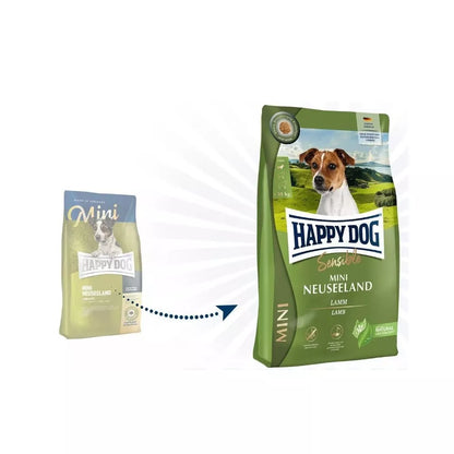 Happy Dog Mini Neuseeland visavertis pašaras mažų veislių suaugusiems šunims su ėriena ir ryžiais, 10 kg