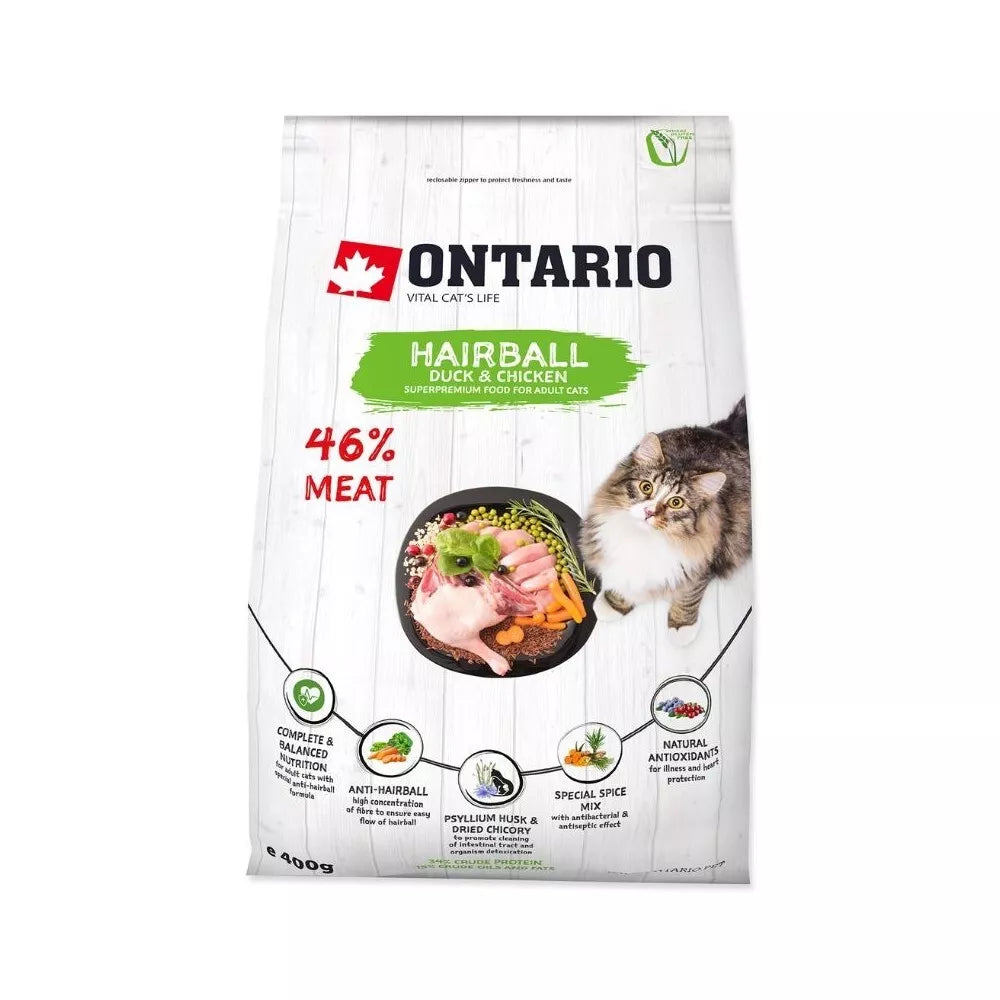 Ontario visavertis pašaras suaugusioms katėms Cat Hairball, 0,4 kg